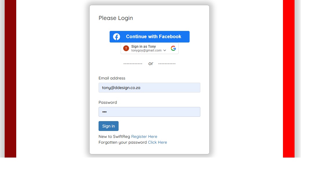 Swiftreg client login screen