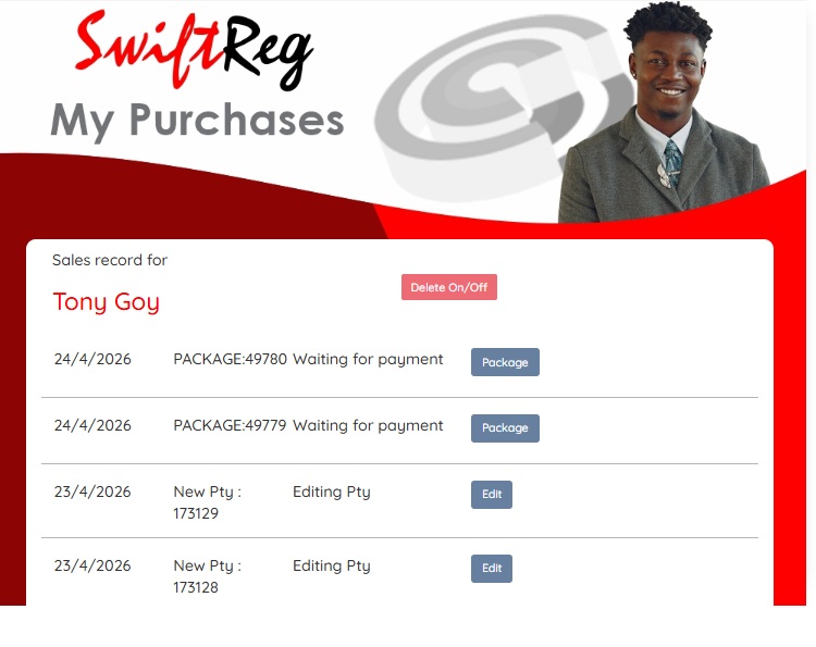 Swiftreg client purchase and job progress area